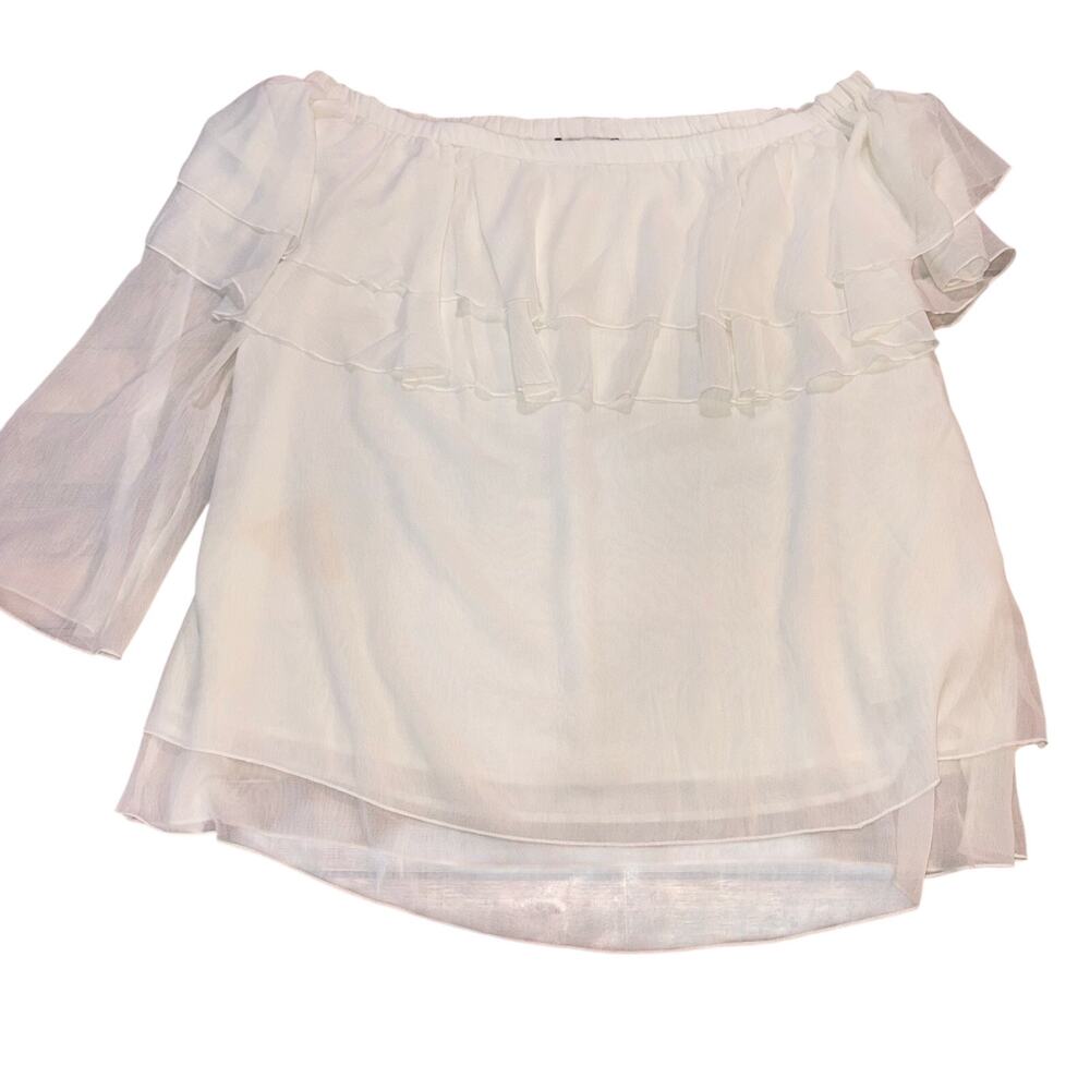 Roaman's‎ 20W White Off-The-Shoulder Ruffle Chiffon Blouse Boho Tiered Top